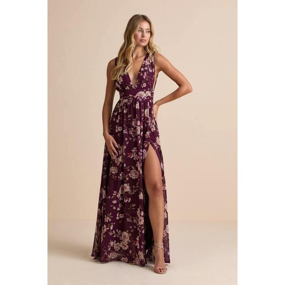 Lulus Heavenly Hues Plum Floral Maxi Dress Purple - Size L